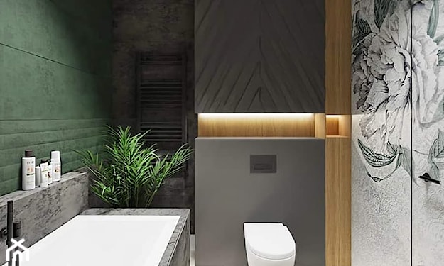 eklektyczna łazienka, butelkowa zieleń w łazience, zielona łazienka