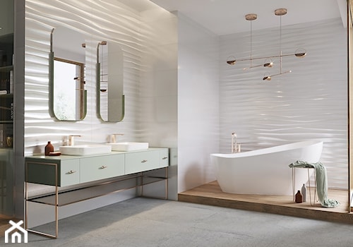 SELINA - Duża z lustrem z dwoma umywalkami z punktowym oświetleniem łazienka z oknem, styl nowoczesny - zdjęcie od Opoczno