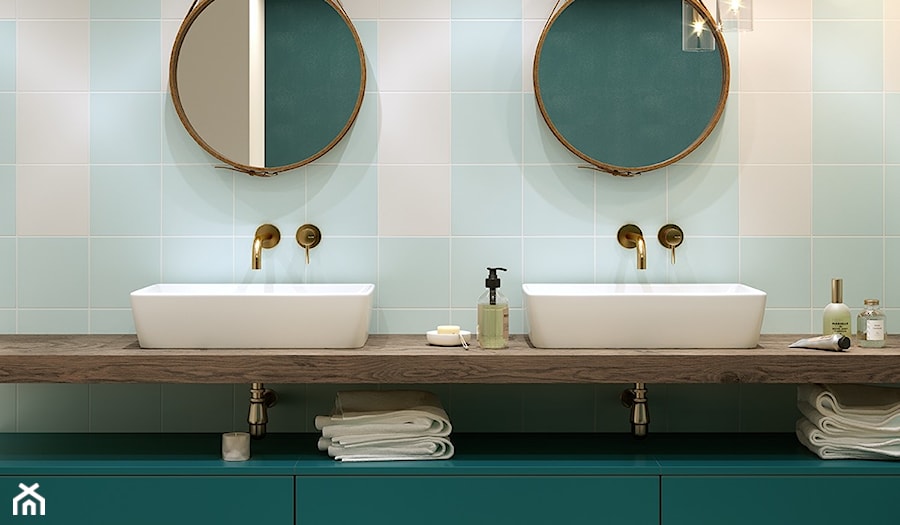 MONOBLOCK Pastels - Mała bez okna z lustrem z dwoma umywalkami łazienka, styl nowoczesny - zdjęcie od Opoczno