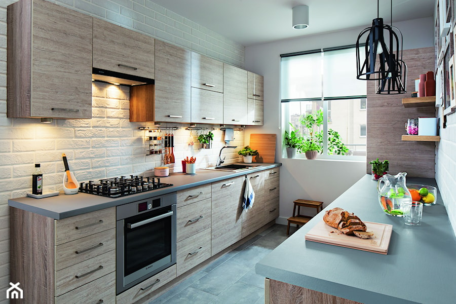 Kuchnia Elba - Biała z zabudowaną lodówką z podblatowym zlewozmywakiem kuchnia, styl skandynawski - zdjęcie od Castorama