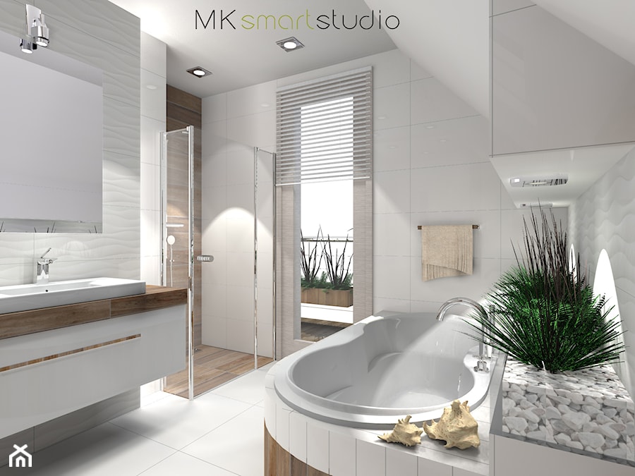 Łazienka w stylu skandynawskim - projekt - Średnia na poddaszu łazienka z oknem, styl skandynawski - zdjęcie od MKsmartstudio