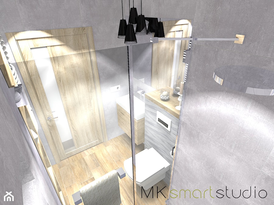 Szara nowoczesna łazienka z pięknym paskowym dekorem - zdjęcie od MKsmartstudio