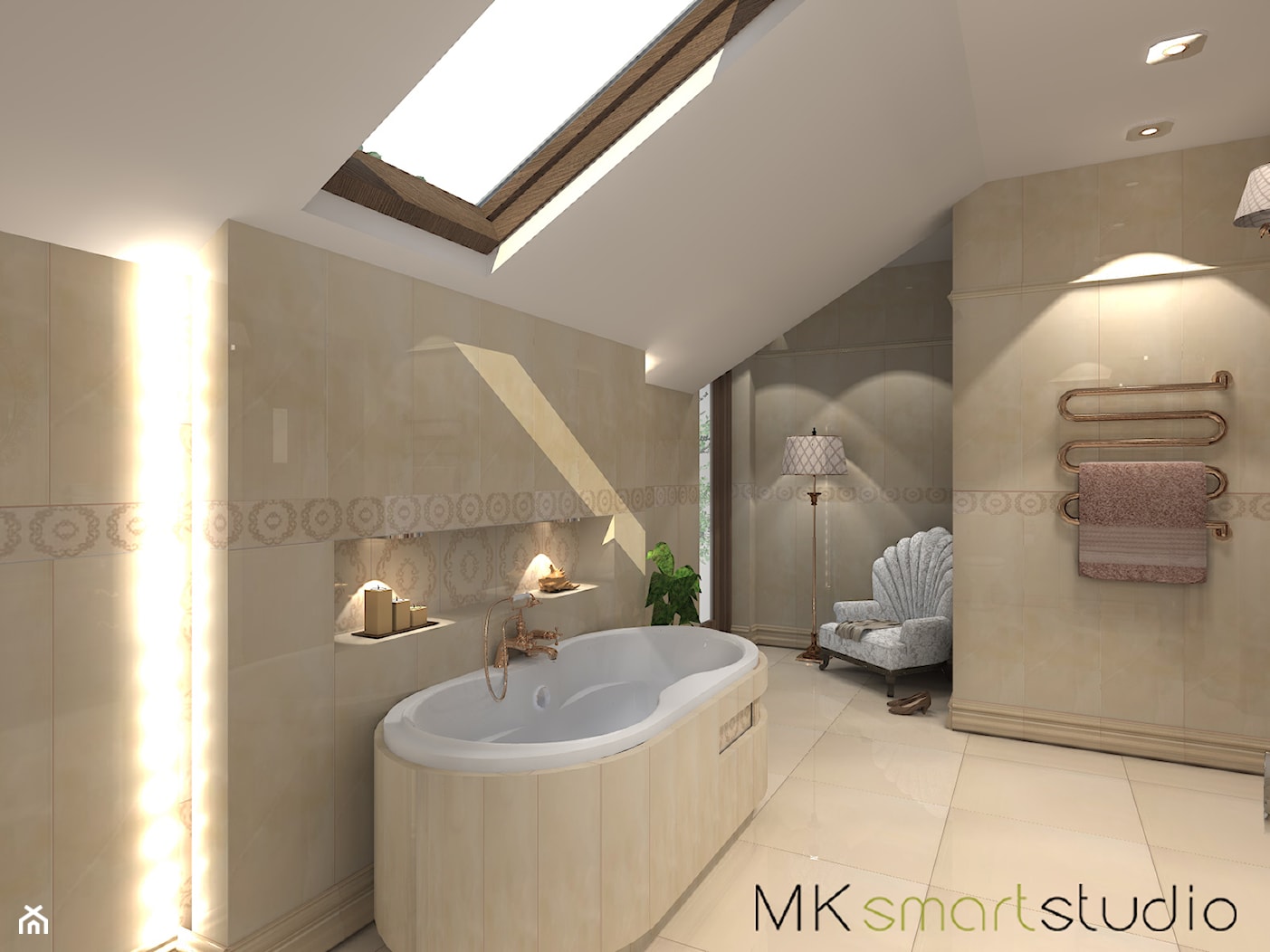 Łazienka w stylu glamour - Średnia na poddaszu jako pokój kąpielowy łazienka z oknem, styl glamour - zdjęcie od MKsmartstudio - Homebook