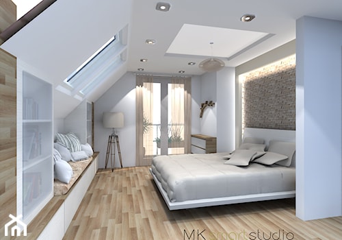 Sypialnia w stylu skandynawskim - Duża beżowa biała sypialnia z balkonem / tarasem, styl skandynawski - zdjęcie od MKsmartstudio