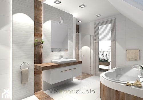 Łazienka w stylu skandynawskim - projekt - Średnia na poddaszu łazienka z oknem, styl skandynawski - zdjęcie od MKsmartstudio