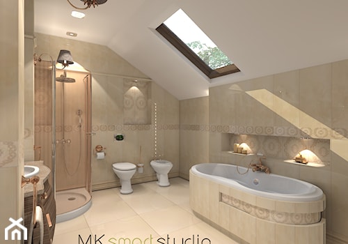 Łazienka w stylu glamour - Duża na poddaszu jako pokój kąpielowy z punktowym oświetleniem łazienka z oknem, styl glamour - zdjęcie od MKsmartstudio