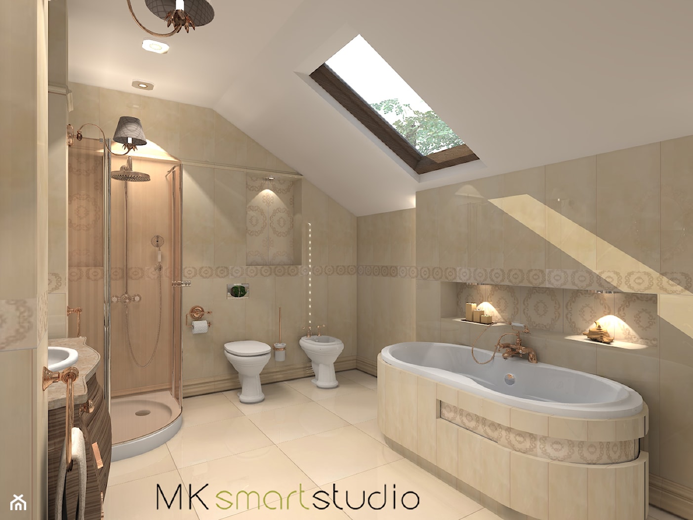 Łazienka w stylu glamour - Duża na poddaszu jako pokój kąpielowy z punktowym oświetleniem łazienka z oknem, styl glamour - zdjęcie od MKsmartstudio - Homebook