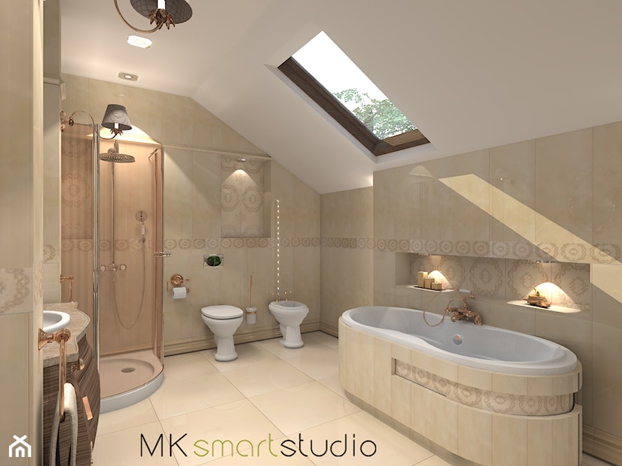 Łazienka w stylu glamour - Duża na poddaszu jako pokój kąpielowy z punktowym oświetleniem łazienka z oknem, styl glamour - zdjęcie od MKsmartstudio