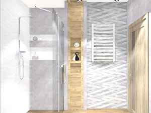 Szara nowoczesna łazienka z pięknym paskowym dekorem - zdjęcie od MKsmartstudio