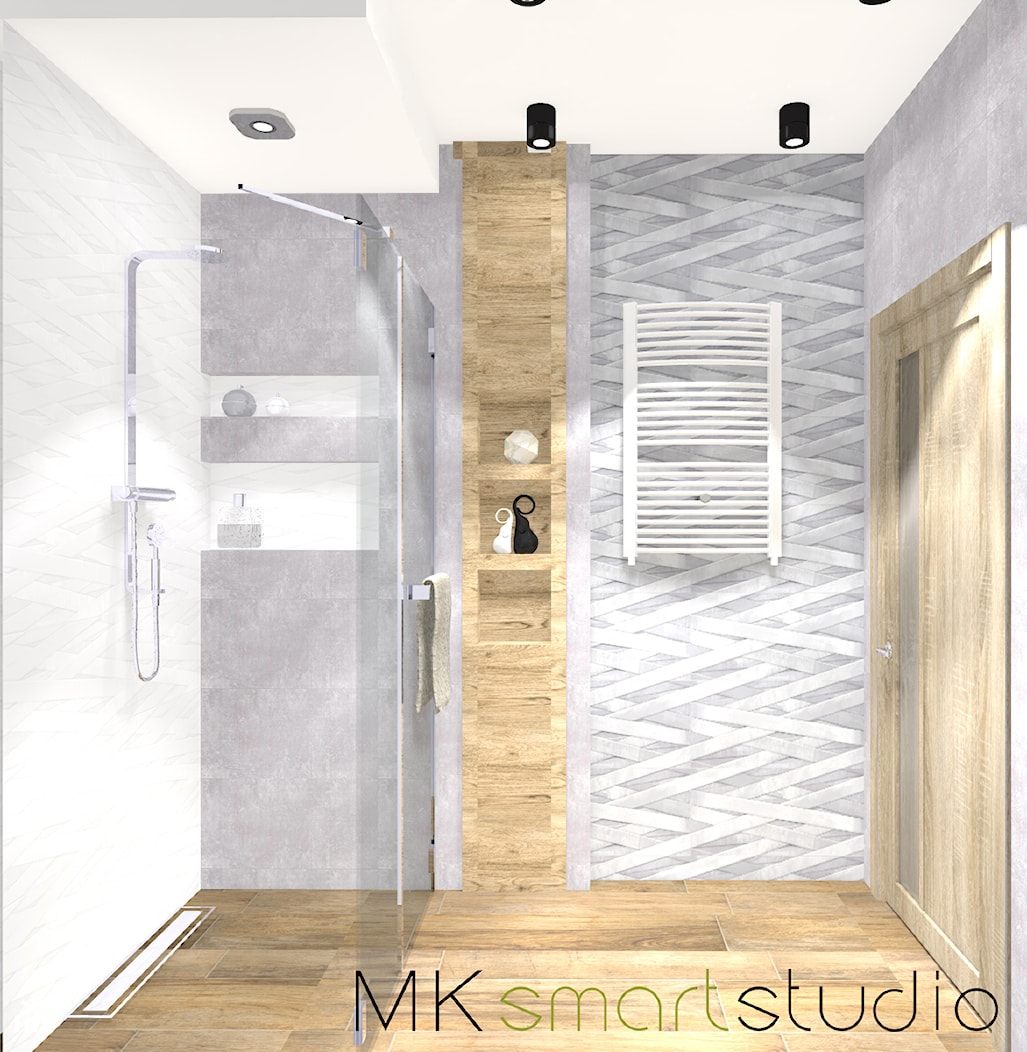 Szara nowoczesna łazienka z pięknym paskowym dekorem - zdjęcie od MKsmartstudio - Homebook