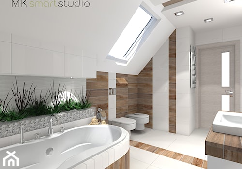 Łazienka w stylu skandynawskim - projekt - Średnia na poddaszu z punktowym oświetleniem łazienka z oknem, styl skandynawski - zdjęcie od MKsmartstudio