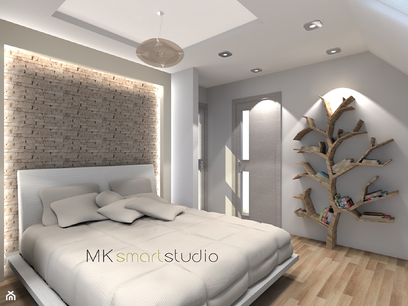 Sypialnia w stylu skandynawskim - Średnia biała szara sypialnia, styl skandynawski - zdjęcie od MKsmartstudio - Homebook