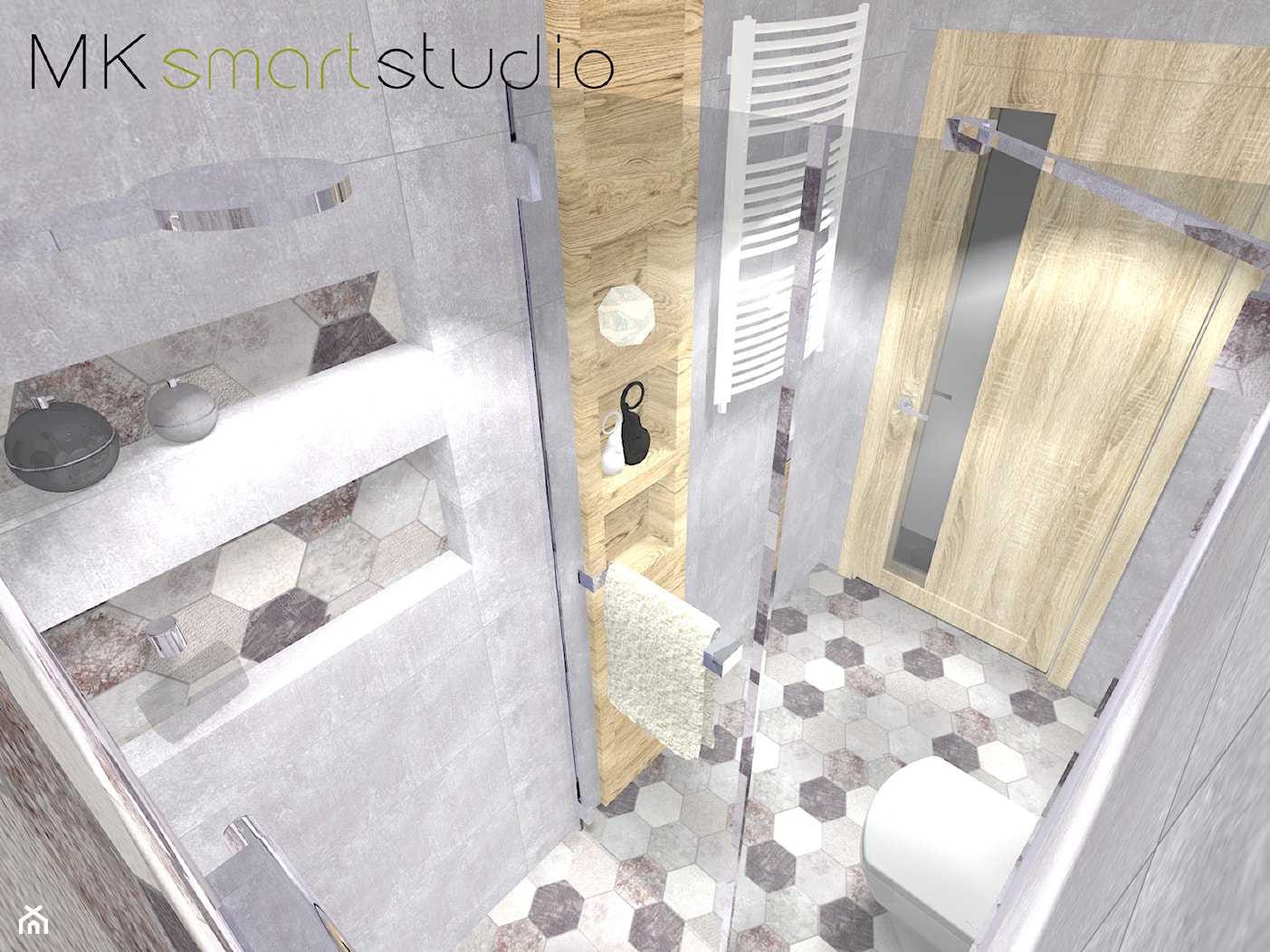 Nowoczesna szara łazienka z heksagonalnym dekorem firmy Geotiles kolekcja Obi - zdjęcie od MKsmartstudio - Homebook