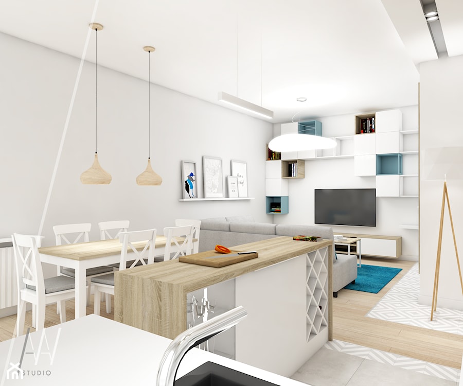 Ala ma kota... - Mały biały salon z kuchnią z jadalnią z barkiem, styl nowoczesny - zdjęcie od AAW studio