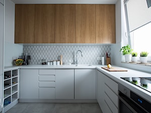 Naturalnie Nowocześnie - Średnia zamknięta z salonem biała szara z zabudowaną lodówką z nablatowym zlewozmywakiem kuchnia w kształcie litery u z oknem, styl nowoczesny - zdjęcie od AAW studio