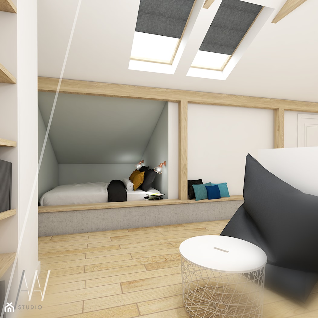 Adaptacja poddasza - Mała szara sypialnia, styl nowoczesny - zdjęcie od AAW studio - Homebook