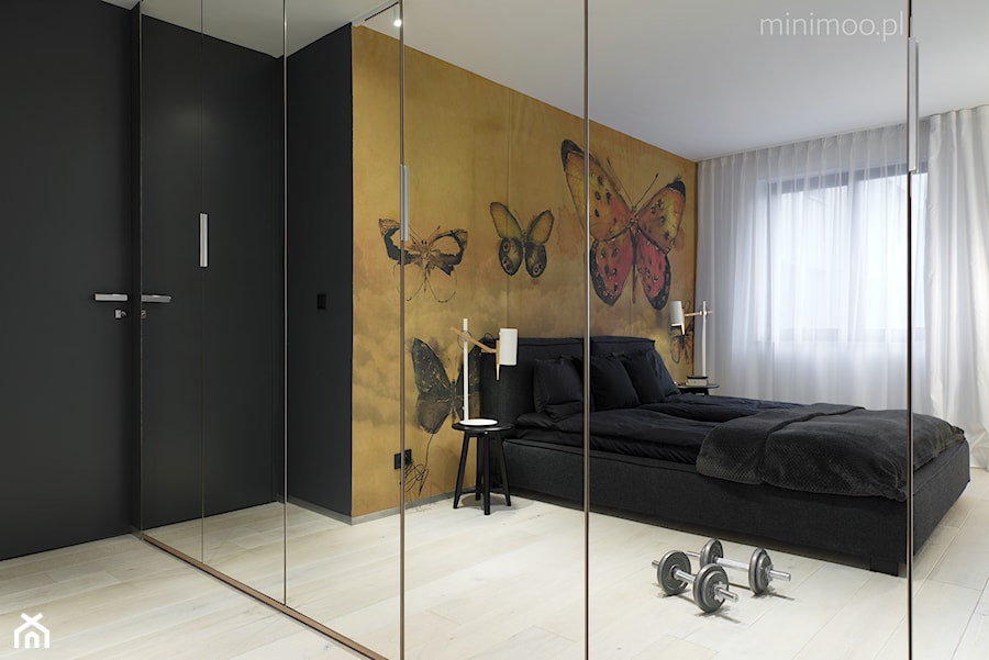 Apartament w Krakowie 2 - Średnia czarna żółta sypialnia, styl minimalistyczny - zdjęcie od MINIMOO Architektura Wnętrz