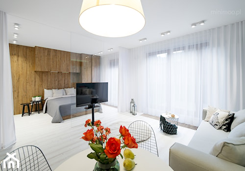 Apartament w Browarze Lubicz w Krakowie - Średni biały salon z jadalnią, styl nowoczesny - zdjęcie od MINIMOO Architektura Wnętrz