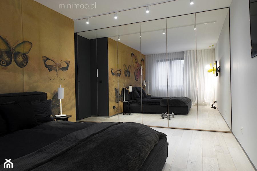Apartament w Krakowie 2 - Średnia czarna szara sypialnia, styl minimalistyczny - zdjęcie od MINIMOO Architektura Wnętrz