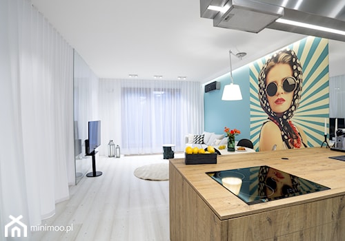 Apartament w Browarze Lubicz w Krakowie - Średni biały niebieski salon, styl minimalistyczny - zdjęcie od MINIMOO Architektura Wnętrz