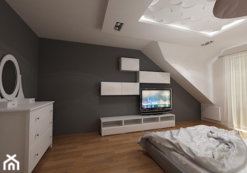 projekt domu jednorodzinnego - Duża biała szara sypialnia na poddaszu, styl nowoczesny - zdjęcie od MooNooDesign