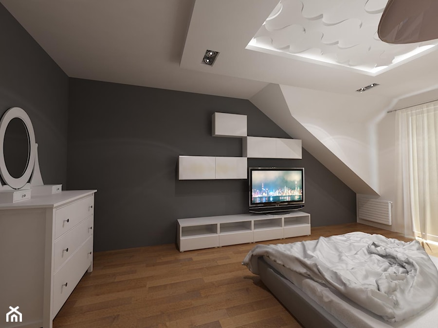 projekt domu jednorodzinnego - Duża biała szara sypialnia na poddaszu, styl nowoczesny - zdjęcie od MooNooDesign