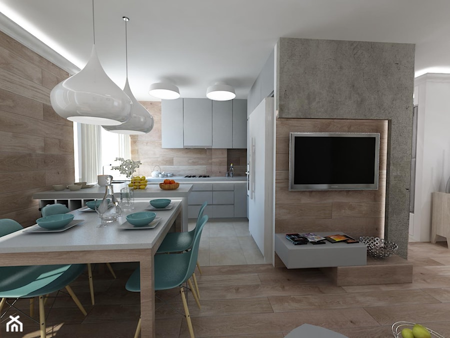 Średnia szara jadalnia w salonie w kuchni, styl skandynawski - zdjęcie od MooNooDesign