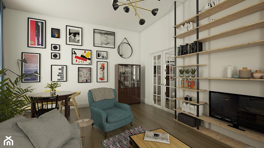 Mieszkanie w kamienicy - Średni biały salon z jadalnią z barkiem z bibiloteczką, styl vintage - zdjęcie od EMC&partners