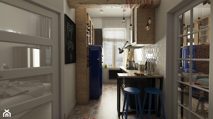 Mieszkanie w kamienicy - Mała średnia otwarta biała z zabudowaną lodówką z lodówką wolnostojącą kuchnia w kształcie litery u, styl vintage - zdjęcie od EMC&partners
