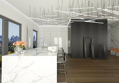 Duża otwarta kuchnia z wyspą lub półwyspem z oknem, styl minimalistyczny - zdjęcie od EMC&partners