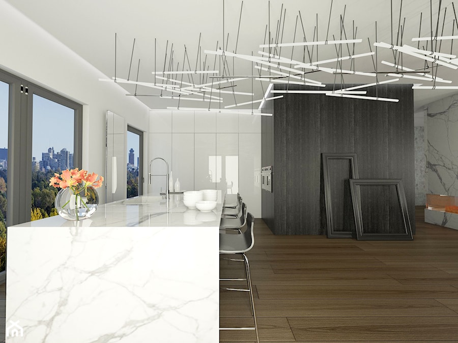 Duża otwarta kuchnia z wyspą lub półwyspem z oknem, styl minimalistyczny - zdjęcie od EMC&partners