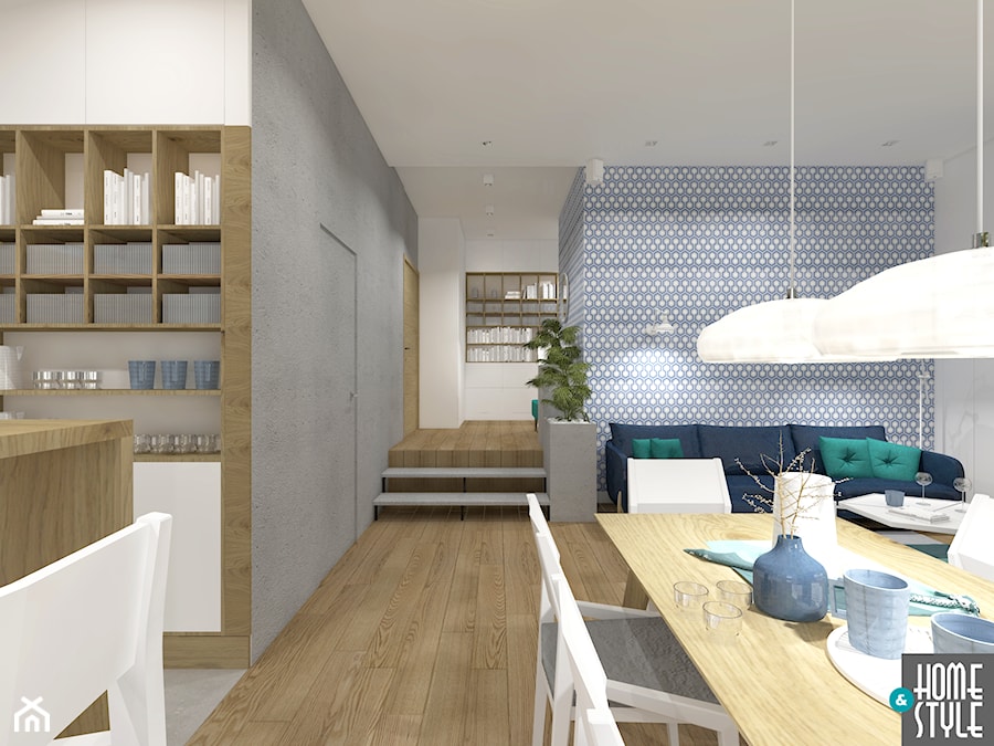 Apartament z kominkiem - Średnia biała szara jadalnia w salonie, styl nowoczesny - zdjęcie od HOME & STYLE Katarzyna Rohde