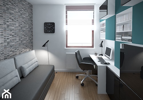 Szarość ocieplona drewnem - Małe z sofą białe szare biuro, styl nowoczesny - zdjęcie od HOME & STYLE Katarzyna Rohde