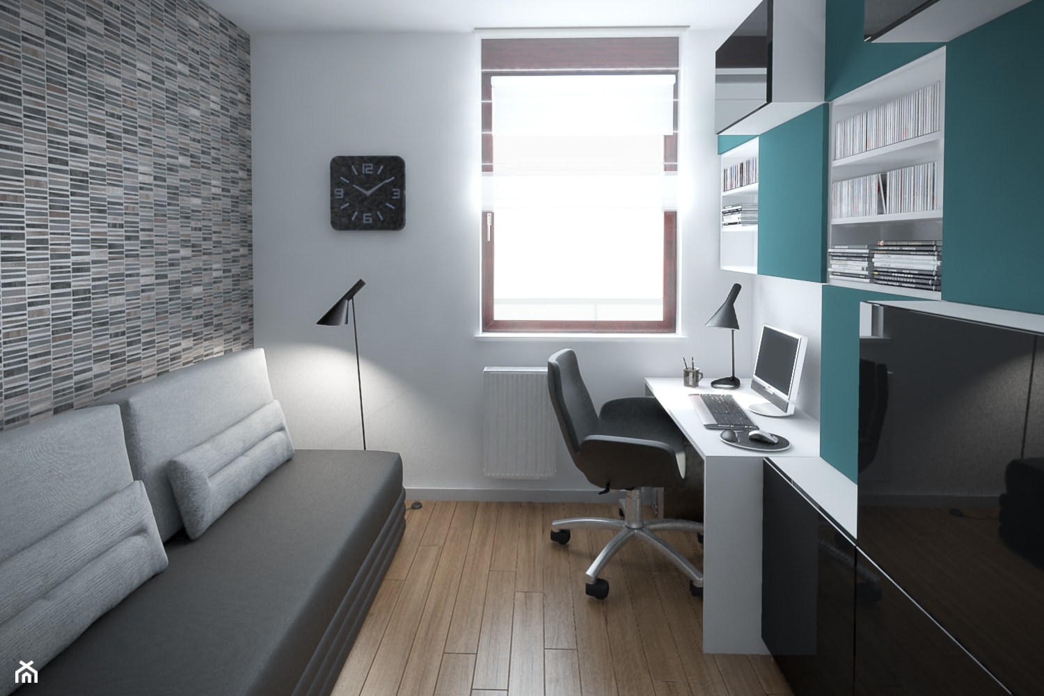 Szarość ocieplona drewnem - Małe z sofą białe szare biuro, styl nowoczesny - zdjęcie od HOME & STYLE Katarzyna Rohde - Homebook