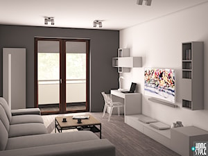 Kolarsko w szarościach i betonach - Średni biały szary salon z tarasem / balkonem z bibiloteczką, styl minimalistyczny - zdjęcie od HOME & STYLE Katarzyna Rohde