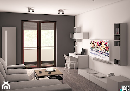 Kolarsko w szarościach i betonach - Średni biały szary salon z tarasem / balkonem z bibiloteczką, styl minimalistyczny - zdjęcie od HOME & STYLE Katarzyna Rohde