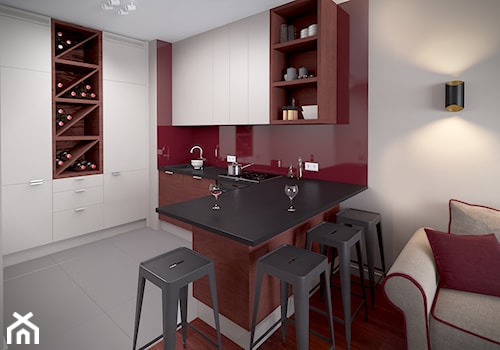W kolorze czerwonego wina - Średnia otwarta z salonem z zabudowaną lodówką kuchnia w kształcie litery l, styl industrialny - zdjęcie od HOME & STYLE Katarzyna Rohde