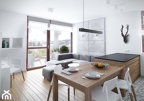 Szarość ocieplona drewnem - Mały biały salon z kuchnią z jadalnią z tarasem / balkonem - zdjęcie od HOME & STYLE Katarzyna Rohde