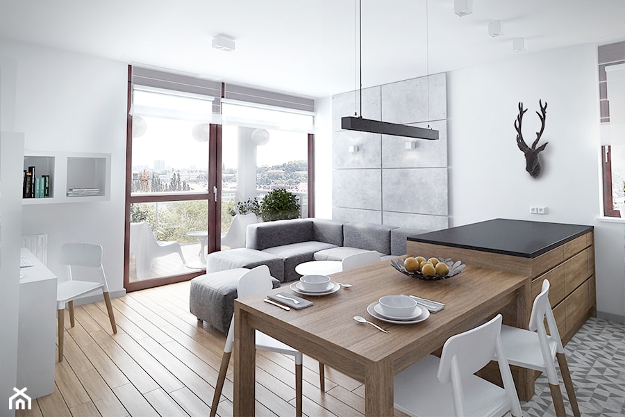 Szarość ocieplona drewnem - Mały biały salon z kuchnią z jadalnią z tarasem / balkonem - zdjęcie od HOME & STYLE Katarzyna Rohde