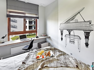 REALIZACJA mieszkania w stonowanych kolorach z żółtym dodatkiem - Średnia biała szara z biurkiem sypialnia, styl nowoczesny - zdjęcie od HOME & STYLE Katarzyna Rohde