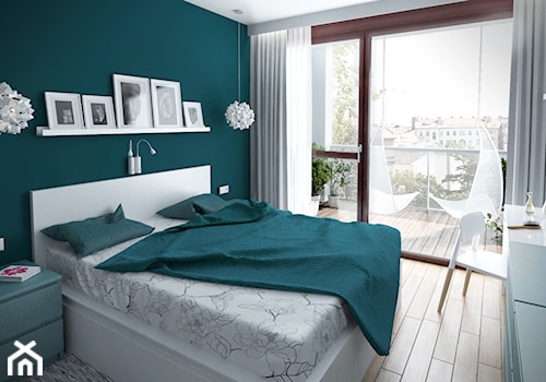 Szarość ocieplona drewnem - Średnia zielona sypialnia z balkonem / tarasem, styl skandynawski - zdjęcie od HOME & STYLE Katarzyna Rohde