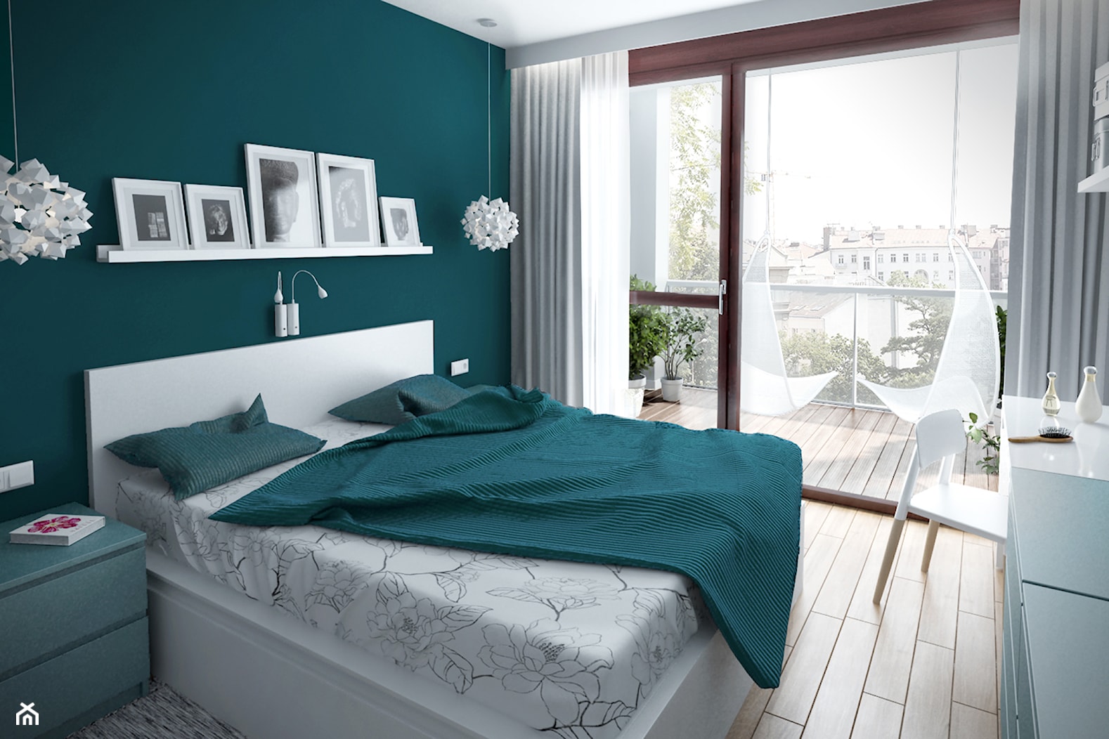 Szarość ocieplona drewnem - Średnia zielona sypialnia z balkonem / tarasem, styl skandynawski - zdjęcie od HOME & STYLE Katarzyna Rohde - Homebook