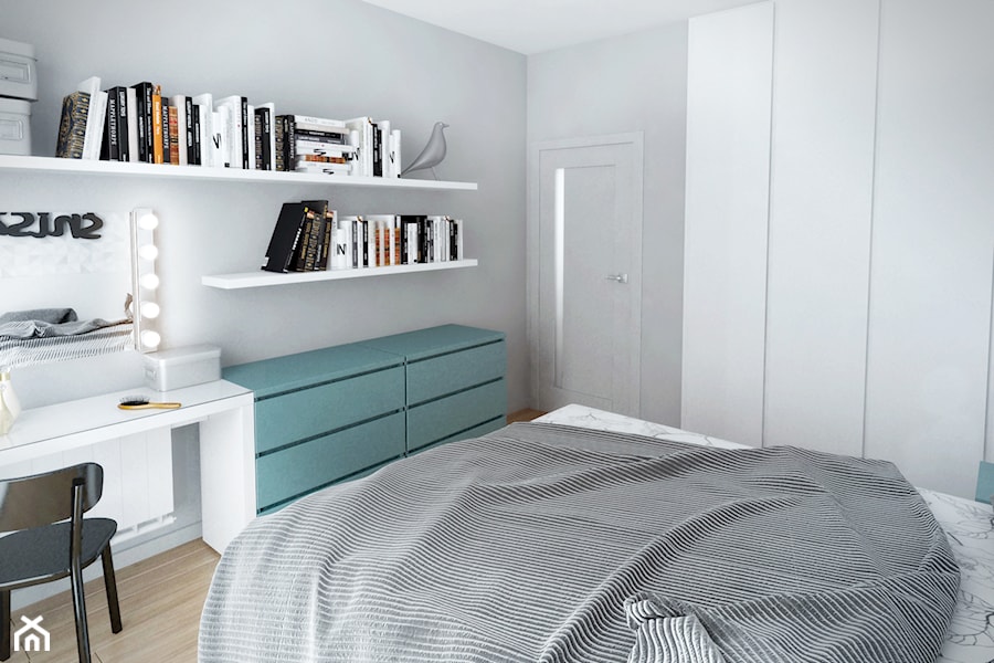 Szarość ocieplona drewnem - Średnia biała sypialnia - zdjęcie od HOME & STYLE Katarzyna Rohde