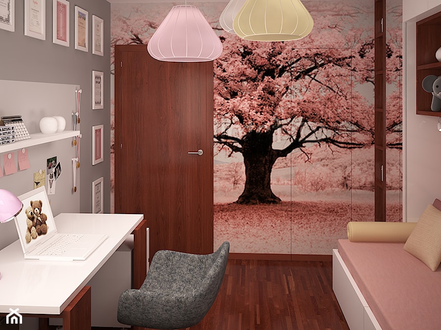 Pokój dziewczynki z zaczarowanym różowym drzewem - Średni szary pokój dziecka dla dziecka dla dziewczynki, styl nowoczesny - zdjęcie od HOME & STYLE Katarzyna Rohde