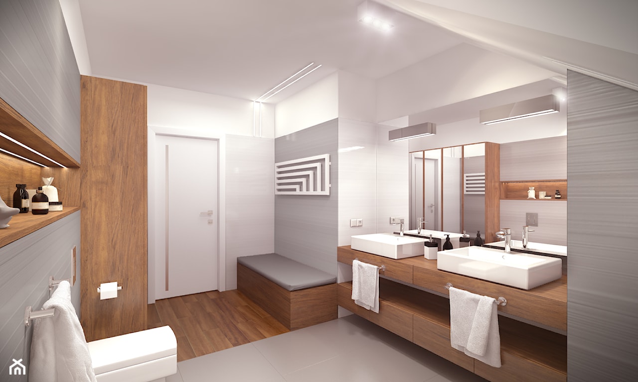 nowoczesna łazienka, umywalka nablatowa, płytki o fakturze drewna