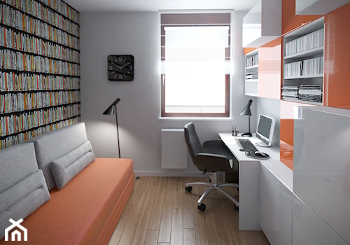 Szarość ocieplona drewnem - Średnie z sofą białe biuro, styl nowoczesny - zdjęcie od HOME & STYLE Katarzyna Rohde
