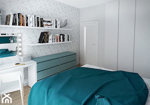Szarość ocieplona drewnem - Średnia biała szara sypialnia - zdjęcie od HOME & STYLE Katarzyna Rohde