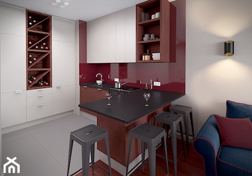 W kolorze czerwonego wina - Średnia otwarta z salonem z zabudowaną lodówką kuchnia w kształcie litery u, styl industrialny - zdjęcie od HOME & STYLE Katarzyna Rohde