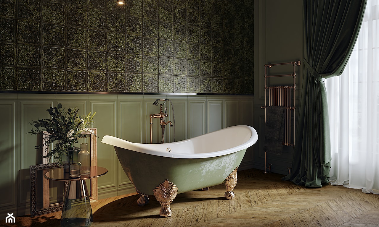 Modern classic, zielona łazienka w stylu modern classic z wanną wolnostojącą