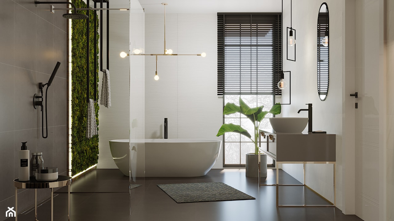 łazienka w stylu minimalistycznym, wanna wolnostojąca, łazienka z elementami industrialnymi